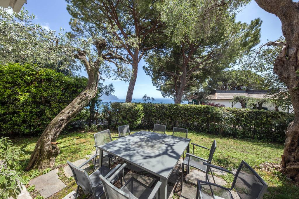 Image of the view of the garden with table and chairs