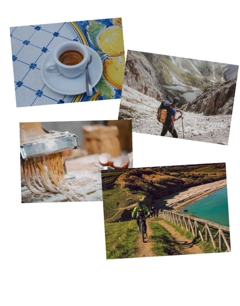 Collage showcasing elements of an Italian experience: coffee, outdoor adventure (hiking and cycling), and homemade pasta so you can make your Italian dream come true