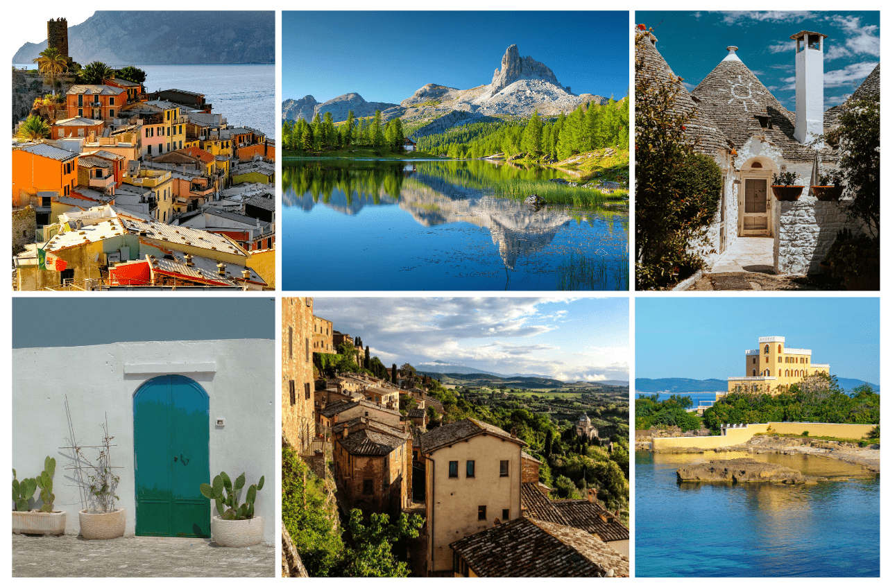 A collage of different place in Italy including Sardinia, Puglia, Le Marche, Tuscany, Veneto, Dolomites