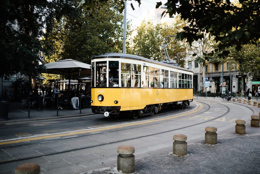 Image of a yellow tram in Milan, Italy