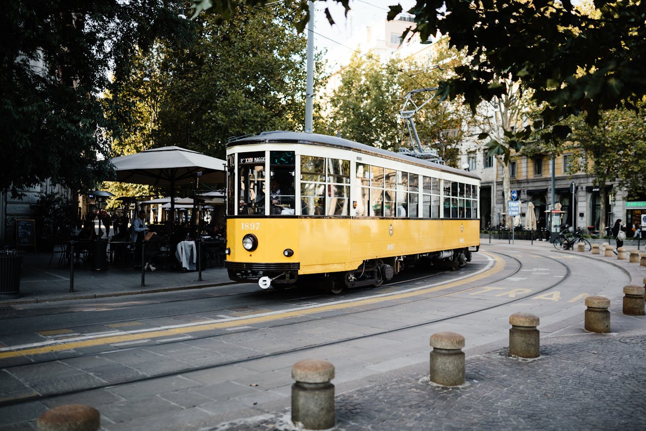Image of a yellow tram in Milan, Italy